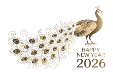 Fototapeta premium Elegant golden peacock displaying ornate tail feathers with new year greeting bird