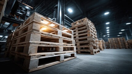 Wooden pallets stacked in a large warehouse.
