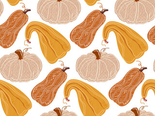 Seamless fall pattern with hand-drawn pumpkins and gourds in warm beige, orange, and yellow tones. Decorative autumn vegetable design for seasonal projects, fabric, textile, kitchen products.