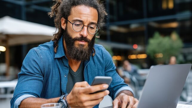 Man using smartphone outdoors in urban setting with modern buildings and greenery