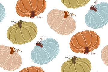 Seamless pattern with textured pumpkins in pastel orange, green, blue, and beige. Hand-drawn autumn harvest design for textile, fabric, wrapping paper, fall decor and seasonal products