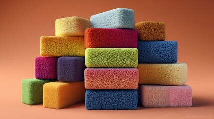 Colorful, textured blocks stacked in a pyramid on a muted orange background