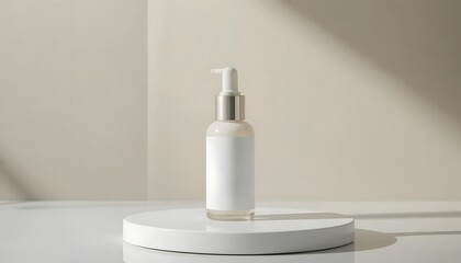 Minimalist mockup of cosmetic bottle on white platform, neutral backdrop and soft shadow
