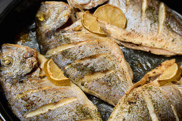 Freshly prepared dorado fish garnished with lemon slices on a serving platter ready for dining
