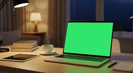 Laptop with a green screen sits on a desk with a tablet, books, coffee, and a lamp in a warm, cozy, and inviting room at night.