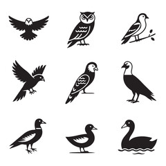 Fototapeta premium Collection of nine diverse bird icons in black silhouettes isolated on a white background