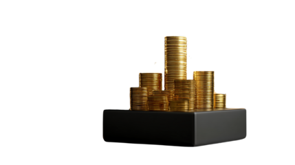 Luxurious gold coin stacks on a sleek platform against a stark black backdrop