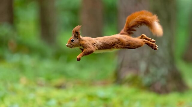 Energetic red squirrel captured mid-air, gracefully leaping across a green meadow woodland floor with its bushy tail trailing behind, brown fur visible.