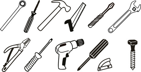 Naklejka premium Construction Tools and Safety Equipment Icons Vector Set