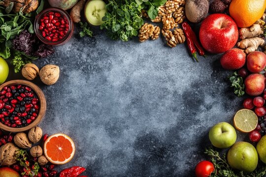 Abundant Fresh Healthy Food Ingredients on Dark Stone Background with Copy Space