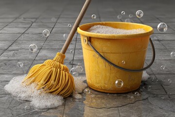 Yellow bucket of soapy water with mop on wet floor