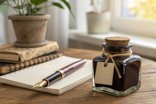 A vintage fountain pen, inkwell, and open notebook are arranged on a wooden desk with old books nearby.