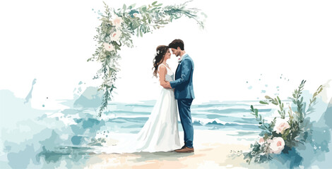 Watercolor wedding couple on a beach with floral arch illustration art