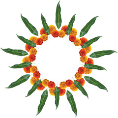 Orange red marigold flowers with mango leafs