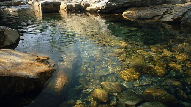 Clear flowing water over smooth river stones showcasing the beauty of nature's untouched streams and aquatic life in a serene setting