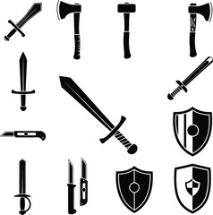 Obraz premium Vector art of a collection of medieval weapons and shields in black silhouette