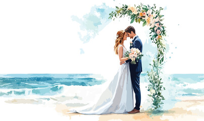 Watercolor Wedding on Beach Bride and Groom Embrace Under Floral Archway