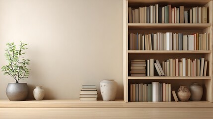 Cozy Living Room Scene With Bookshelf and Plant