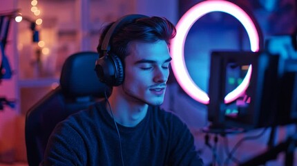 Streamer talking to camera with ring light, chat overlay, headphones, fast-paced background motion

