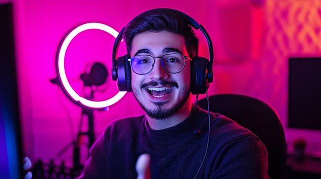 Streamer talking to camera with ring light, chat overlay, headphones, fast-paced background motion

