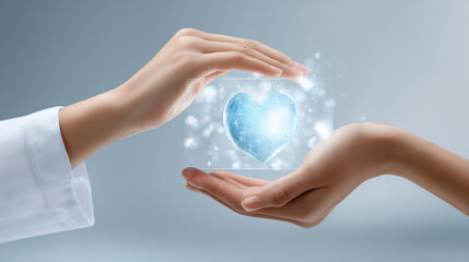 two medical hands gently holding a floating holographic heart in minimalist white space, surrounded by soft glowing particles