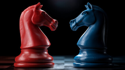 two chess knights, red and blue, facing off under spotlight, dramatic shadow