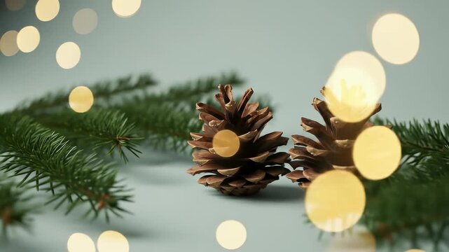 Cozy Christmas Eve: Pine Cones and Fir Branches with Soft Bokeh Lights