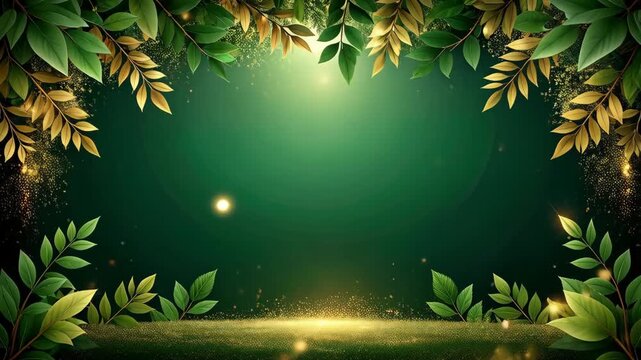 Lush foliage in shades of green and gold frames a softly glowing green background with golden dust, creating a mystical and enchanting backdrop.