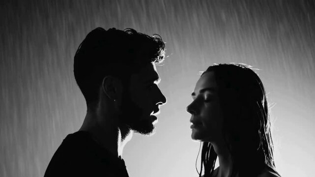 Slow motion scene of a love confession in the rain, one person speaking while the other tears up, black and white cinematic tone, loop at emotional climax