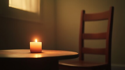 A single candle burning on a table in an empty room, with warm reflections and a chair slightly pulled out, film-like detail, high realism, cinematic lighting