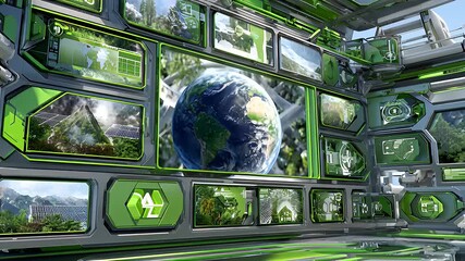 Futuristic Green Technology Interface Displaying Planet Earth and Sustainable Energy - Powered by Adobe