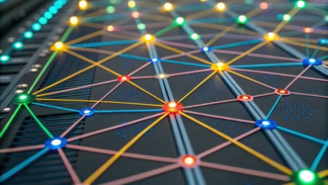 A digital network visualization with interconnected nodes and lines glowing in multiple colors against a dark background.