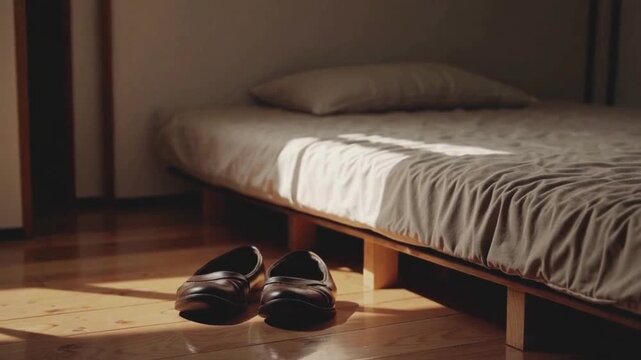 Cinematic footage of a pair of shoes placed beside a futon bed in a softly lit room, slow motion shadows drifting, intimate everyday life moment