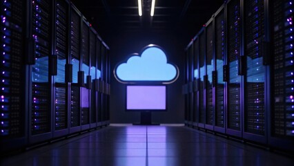 A modern data center with rows of server racks and a glowing cloud icon symbolizing cloud computing and data storage.