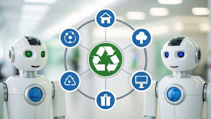 Two white robots with blue and green eyes face each other, surrounding a recycling symbol connected to icons representing home, cloud, computer, trash bin, and recycling bin.