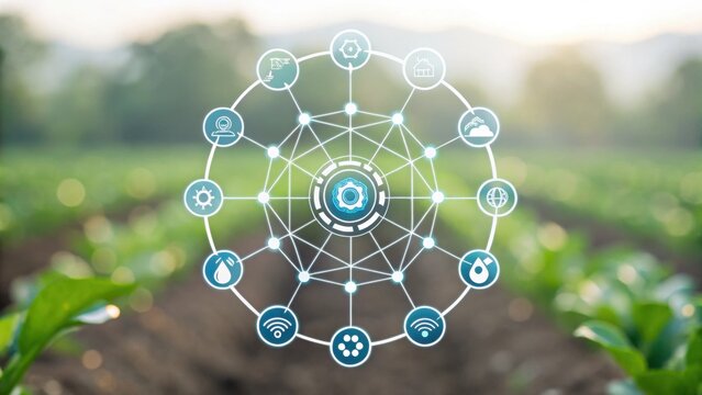 A digital agriculture network interface overlays a blurred farm field, symbolizing smart farming and IoT technology integration in crop management.