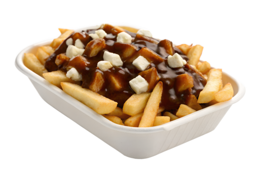 Delicious poutine featuring golden french fries, savory brown gravy, and melting white cheese curds served in a disposable container, transparent background, isolated png.