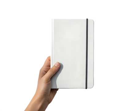A hand holds a white blank notebook with a black elastic band, presented on a transparent isolated png background.