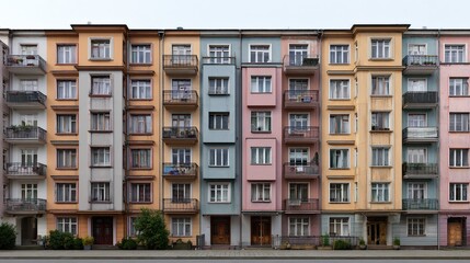 Fototapeta premium Colorful Urban Apartment Facade – Symmetrical Front View of Vintage European Residential Buildings with Balconies