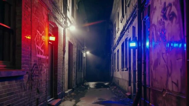 Police lights flashing against a dark alley wall, subtle flickering shadows, moody and suspenseful atmosphere