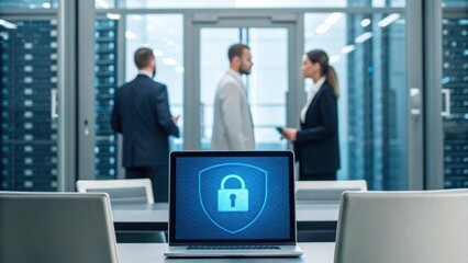A laptop displaying a security lock icon in a server room with three professionals engaged in discussion in the background.