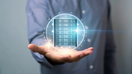 A person holds a glowing digital server rack hologram, symbolizing advanced data storage and cloud computing technology.