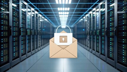 A secure email concept with a lock icon over an envelope, set against a background of a high-tech data center with server racks.