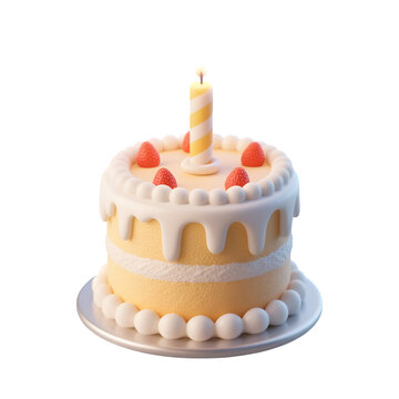 3d rendered A delicious two tiered birthday cake with a single lit candle and strawberry decorations isolated on transparent background