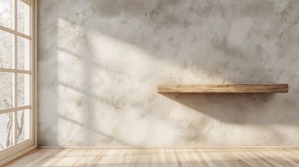 Rustic Floating Shelf on Textured Wall with Sunlight Through Window