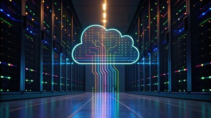 A glowing cloud icon with digital circuit lines illuminated inside a server room, symbolizing cloud computing and data storage technology.