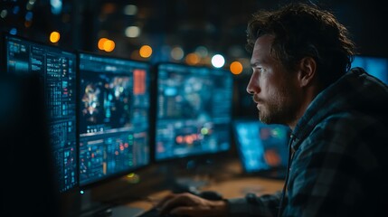 Focused cybersecurity professional intently analyzing complex data on multiple computer screens in a dimly lit room
