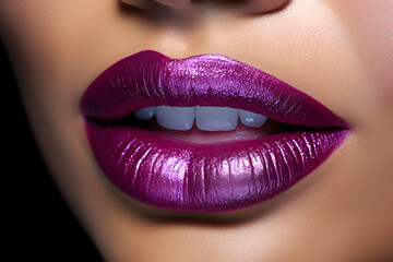 Fototapeta premium Bold and vibrant lipstick gleams on full lips in close-up shot during fashion event