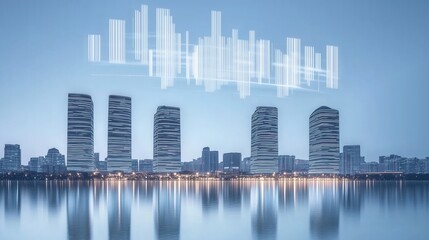 Fototapeta premium Modern cityscape at twilight with data overlay