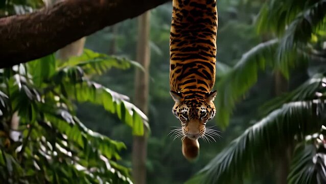Leopard Resting on Tree Branch in Misty Tropical Forest with Focused Gaze